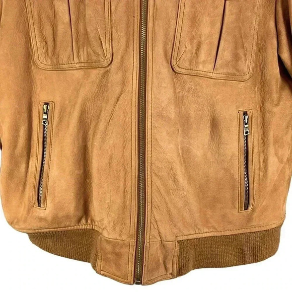 Roundtree & Yorke Mens L Genuine Leather Bomber Jacket Tan Diamond Quilted Liner - Picture 5 of 16